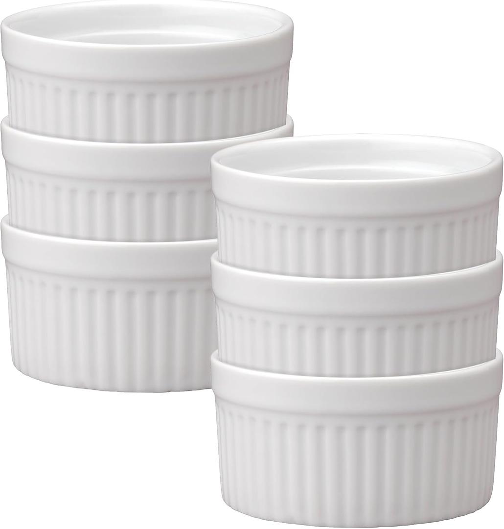 HIC Kitchen Souffle Ramekin, Fine Porcelain, For Baking Custards, Souffles, Side Dishes, And Desserts, 6-Ounce Capacity, Set of 6