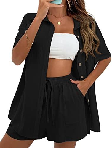 APAFES Women Summer Cotton Linen Short Sets 2 Piece Shorts Top Lounge Beach Vacation Two Piece Outfits Tracksuits (Black, Large)