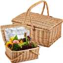 Sintuff 2 Pcs Wicker Picnic Basket with Insulated Cooler Bag Lids Vintage Picnic Hamper with Folding Woven Handle for Camping Summer Outdoor Beach Valentine Party Gift