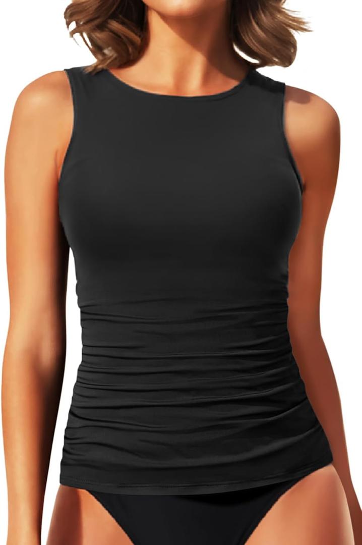 Daci Tankini Tops for Women High Neck Swim Top Tummy Control Bathing Suit Top Modest Swim Tank Top No Bottom (24 Plus, Black)