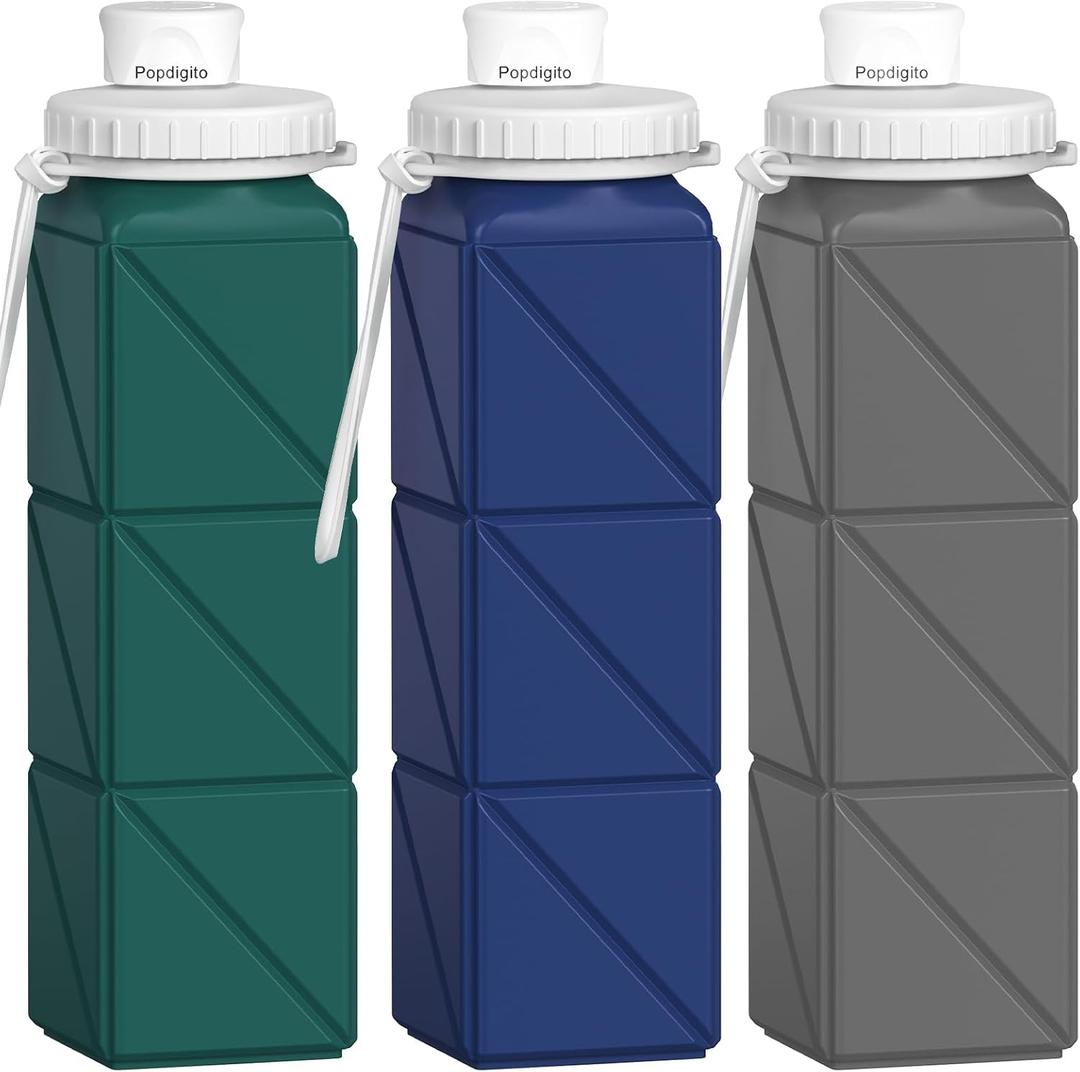 3 pack Collapsible Water Bottles,Silicone Foldable Portable Water Bottle 20.6oz, Lightweight Reusable Leakproof for Travel Hiking Camping Cycling Workouts Yoga Fitness Indoor Outdoor Sports (Dark Blue+Dark Grey+Dark Green)
