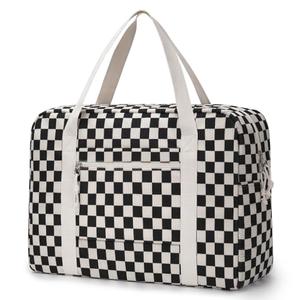 ELONGRIVER Travel Duffel Bag Foldable Weekender Overnight Bag for Men Women Lightweight Carry on Tote Bag For Spirit Airlines Black Corduroy Check