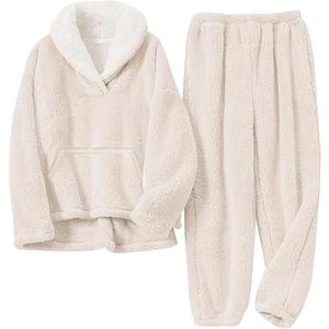 Gihuo Girls Fleece Pants Sets Fuzzy 2 Piece Outfits Lapel Collar Pullover Sweatshirt Set Sweatsuit 5-12Y (Beige, 11-12 Years)