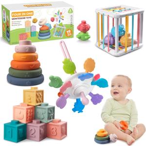 Montessori Baby Toys for Ages 6-18 Months - Pull String Teether, Stacking Blocks, Sensory Shapes Storage Bin, Infant Bath Time Fun, 4 in 1 Toddlers Toy Gifts for 1 2 3 Year Old Boys Girls (Multicolour)