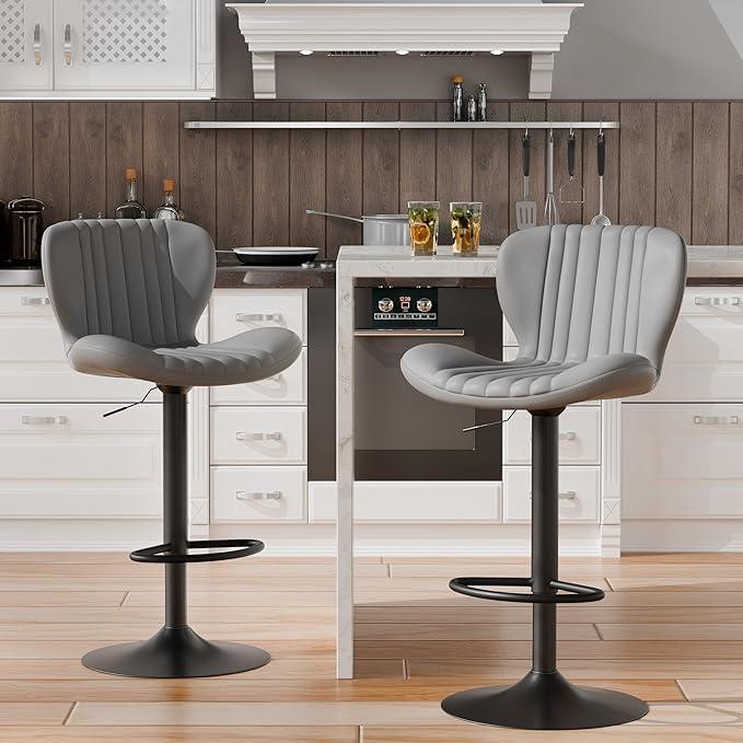 Shintenchi Bar Stools Set of 2 Modern Swivel Bar Chairs, Counter Height Faux Leather Metal Barstools, Upholstered Island Chairs with Back and Footrest, Gray