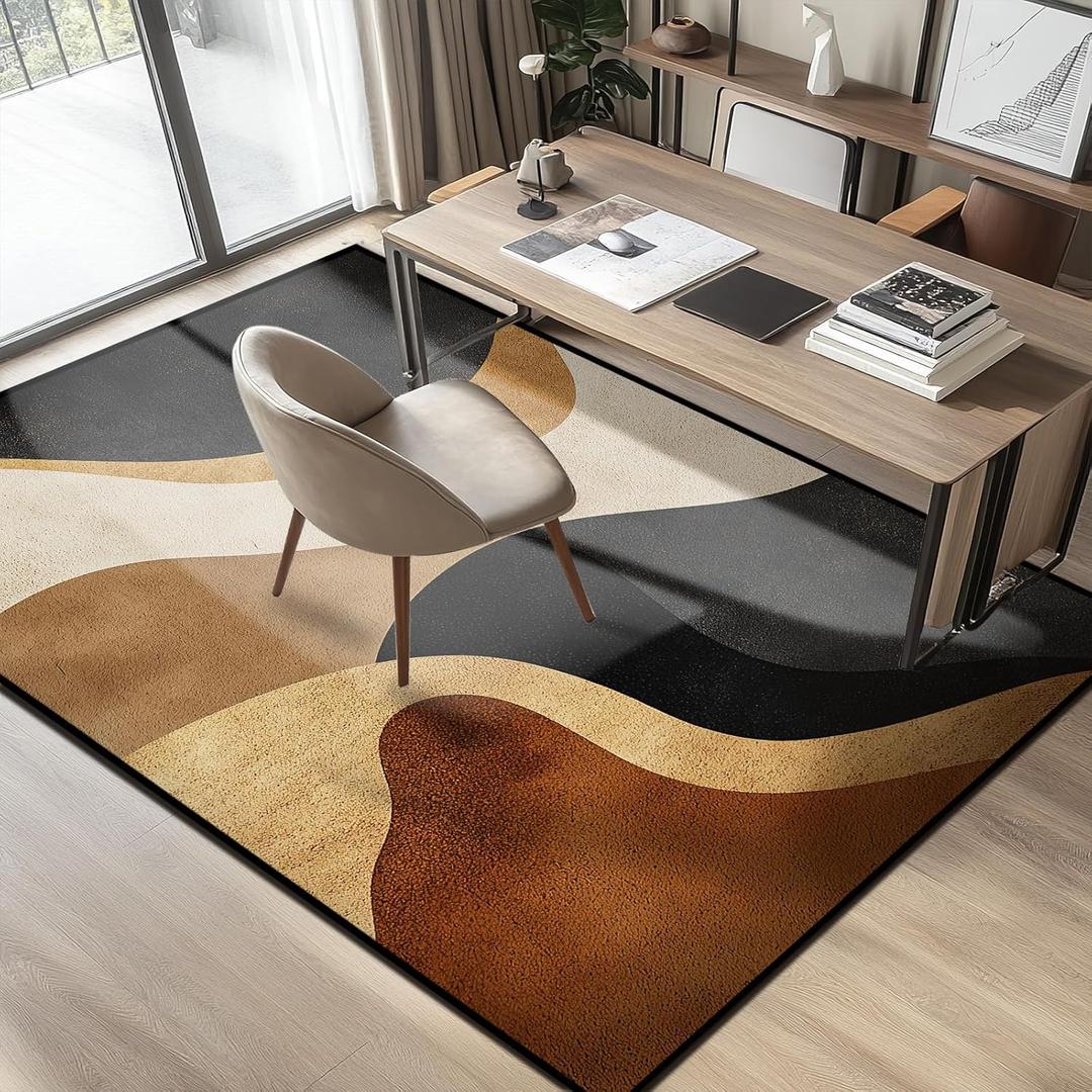 Brown Abstract Area Rug Black Tan Washable 5x7 Rugs for Living Room Bedroom Earth Tone Non-Slip Soft Floor Large Carpet for Office Entryway Bathroom