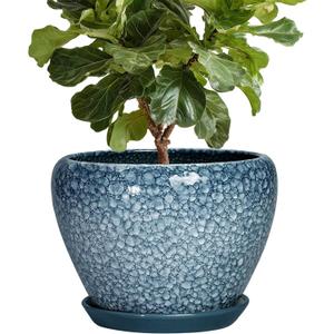 10 Inch Plant Pot - Ceramic Pots for Plants with Drainage Hole and Saucer, Ceramic Planters for Indoor Outdoor Plants, Round Flower Pots, Entryway Decor, Gifts for Plant Lovers, Stone Blue