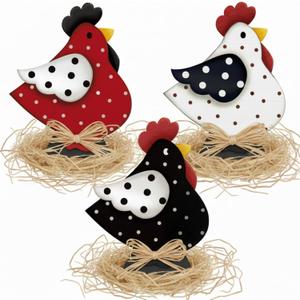 AceOrbit 3 Pcs Wooden Chicken Sign Rooster Decor Farmhouse Decoration Chickens Centerpieces with Raffia Birthday Party Decor Hen for Home Table Desk Door Shelf Chicken Party Gift