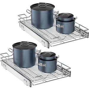 OCG Pull Out Cabinet Organizer 2 Pack (12" W x 21" D), Pull out Shelves 1 Tier, Cabinet Slide Out Shelves for Base Cabinet Organization in Kitchen Bathroom Pantry, Bottom Mount, Chrome Finish