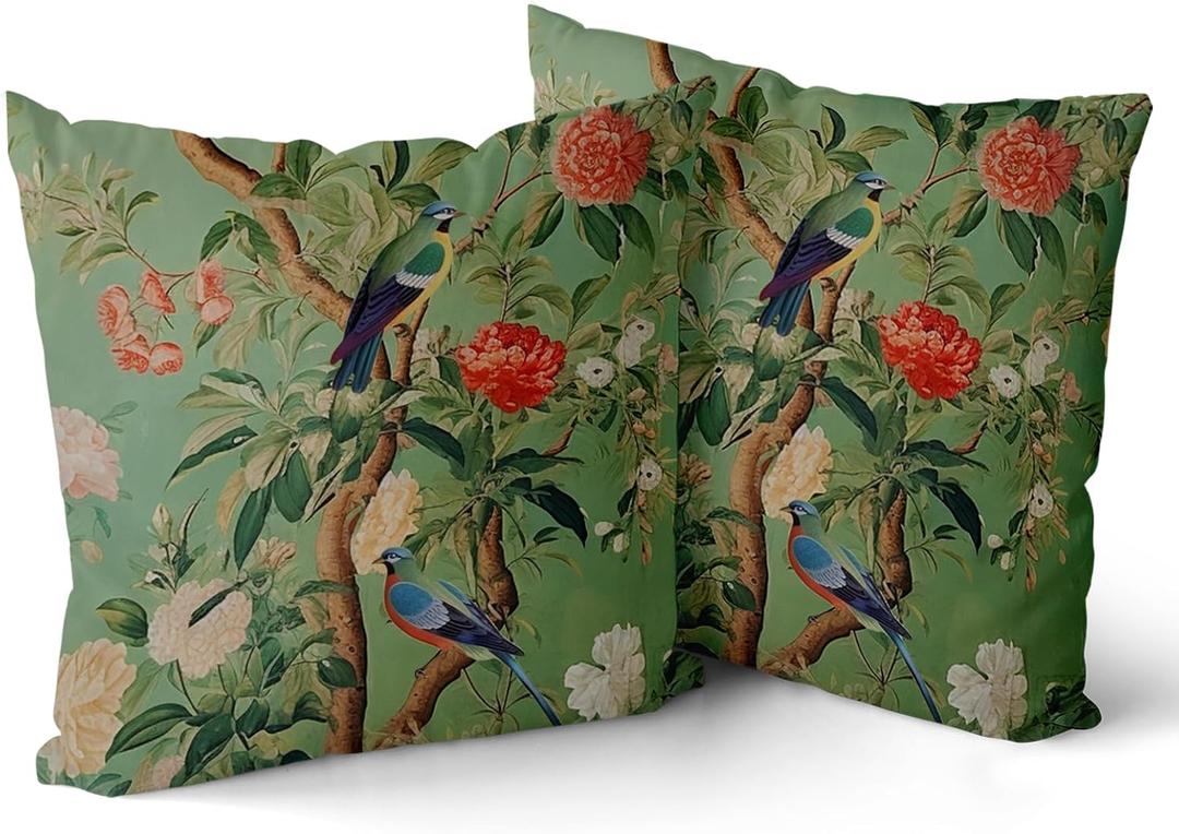 Green Chinoiserie Pillow Cover 18x18 Inch Vintage Bird Flower Throw Pillow Covers Farmhouse Floral Decorative Pillowcase Outdoor Cotton Square Cushion Cover for Couch Sofa Bedroom Decor (Pack of 2)
