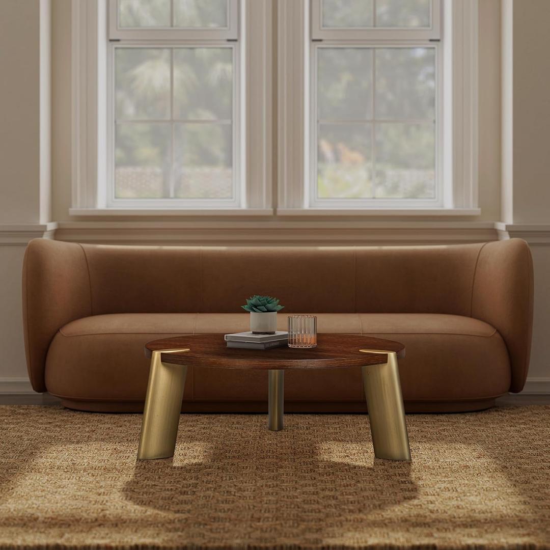 NTC 40 Inch Tribase Boho Wooden Round Coffee Table for Living & Dining Rooms Waterproof & Heat Resistant, Dark Walnut