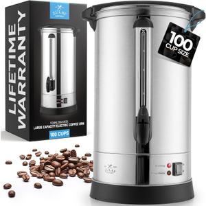 Zulay Commercial Grade 100 Cup Coffee Maker Hot Water Urn - Large Percolator Pot Dispenser With Double-Wall Stainless Steel, Quick Brew, Stays Hot for Tea & Beverage at Events & Catering - Silver