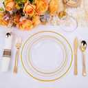 WELLIFE 210PCS Clear-Gold Plastic Plates - Dinnerware Sets for 30 Guests - 60 Disposable Plates, 90 Plastic Silverware, 30 Cups, 30 Napkins for Party