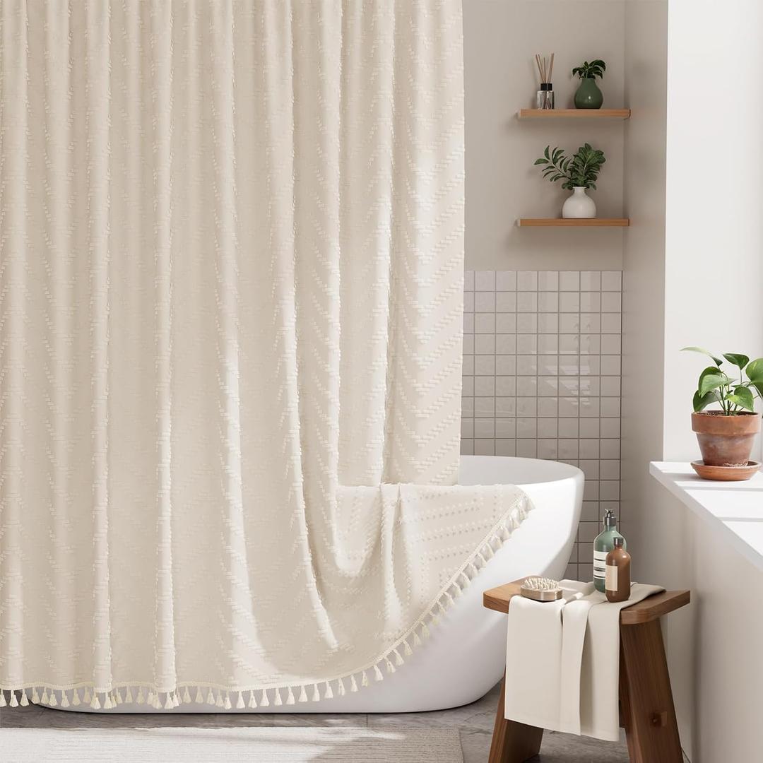 AmazerBath Boho Farmhouse Shower Curtain with Tassels, Beige Shower Curtain Set Fabric, Soft Cloth Chevron Rustic Shower Curtain with Hooks, Hotel Quality, 72x72 Inches