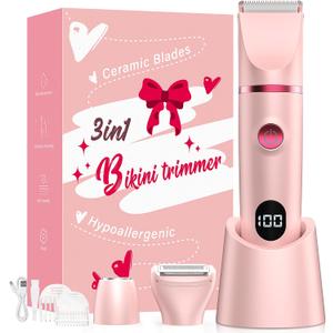 3-in-1 Electric Bikini Trimmer for Women, IPX7 Waterproof Electric Razor, Rechargeable Cordless Pubic Hair Shaver, with LED Display, for Ladies Bikini Pubic, Face, Underarms, Legs (Pink)