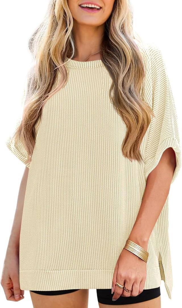 Tankaneo Womens Oversized T Shirts Summer Casual Ribbed Batwing Short Sleeve Tunic Tops Loose Fit Dolman Sleeve Tees (Beige) Large 