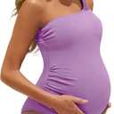 Summer Mae Maternity Swimsuit One Piece One Shoulder Ribbed Pregnancy Bathing Suit (Small, Violet)