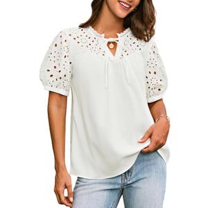 Dressy Tops for Women V Neck Puff Sleeve Hollow Out Eyelet Embroidered Shirts Business Blouse White XL Dressy Tops for Women V Neck Puff Sleeve Hollow Out Eyelet Embroidered Shirts Business Blouse White XL