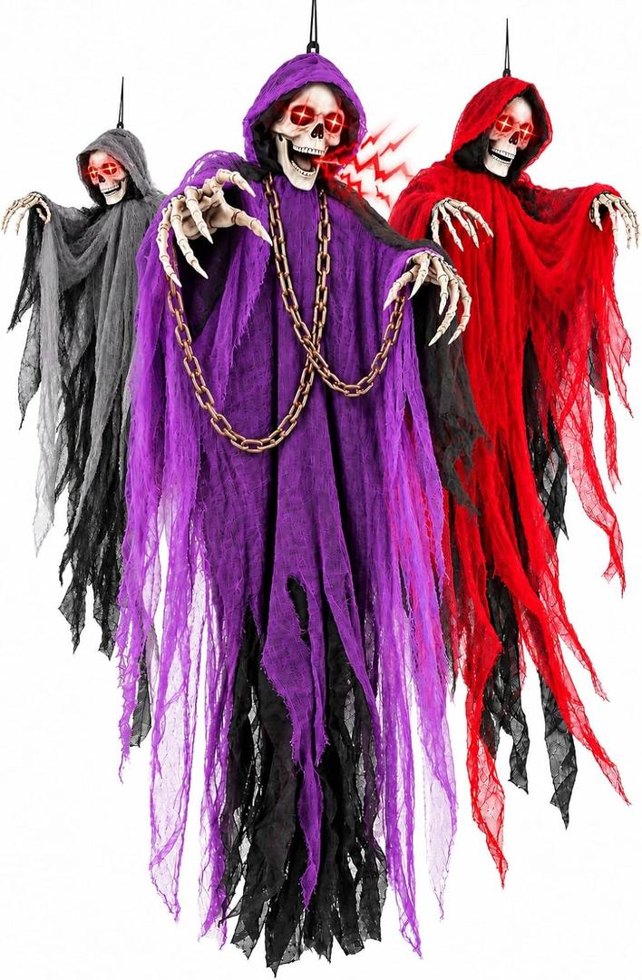 71" Halloween Hanging Skeleton Ghosts with Moving Grabbing Arm, Scary Sound & Glowing Red Eyes, 3 Pack Halloween Decorations Outdoor Flying Grim Reaper Set for Yard Porch Haunted House Props Décor
