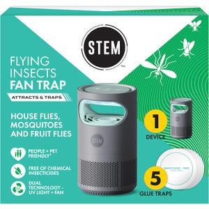 STEM Flying Insect Fan Trap for Indoor Bug Control, Attracts Mosquitoes, Fruit Flies, and House Flies, Plug-in Fan with UV Light, Starter Kit Includes 1 Device and 5 Glue Traps