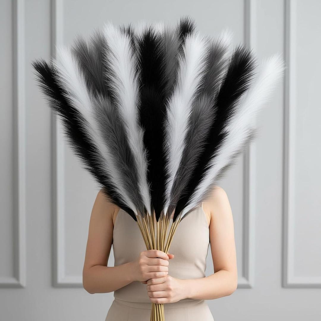 Giegxin 12 Pcs Artificial Pampas Grass Dried Decor 45'' Tall Fluffy Pompas Faux Pampas Grass Black White Grey Gray Short Stems Bouquet Flower Arrangement Vase Filler for Boho Home Wedding Decoration