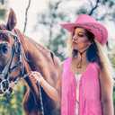 Cowgirl Outfits for Women 60s 70s Hippie Sleeveless Fringe Vest with Cowboy Hat and Sunglasses Halloween Costumes (Pink), Size XL