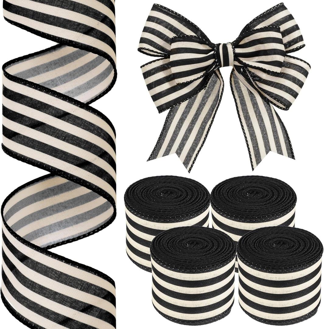 Moukeren 4 Rolls 10 Yard Black and Cream White Wired Stripes Ribbon Rustic Ivory Boho Black and White Wired Edge Ribbon for Wreath Gift DIY Crafts Wedding Party Decoration(2 Inch)
