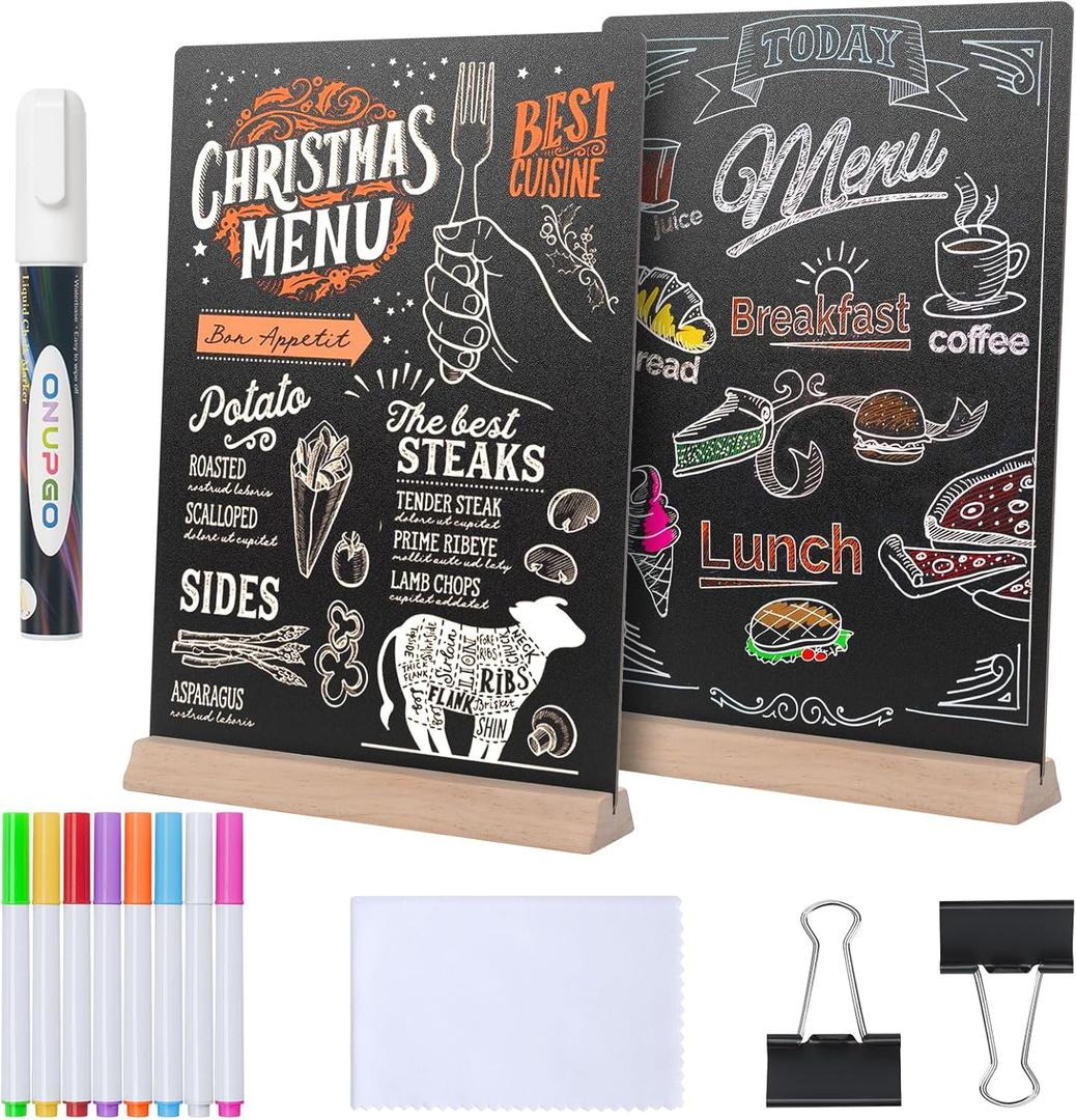 8 x12 Inch Tabletop Chalkboard Sign with Base Stand, 2 Pack Menu Chalk Board Sign Store Food Signs, Message Boards for Party, Wedding, Tables Decoration, Bar and Restaurant
