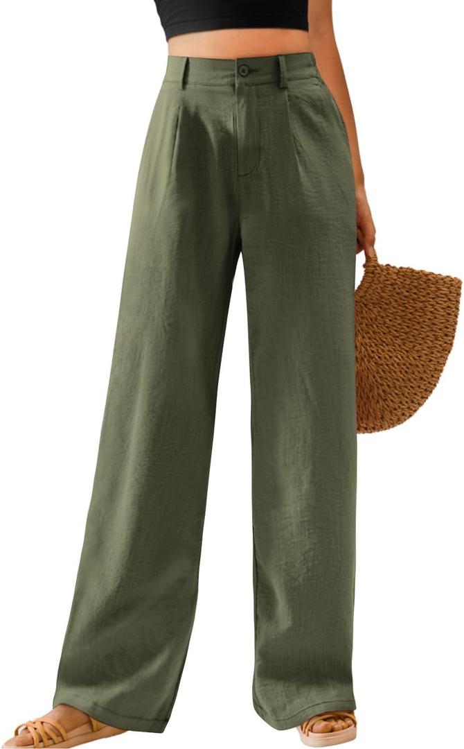 Feiersi Womens Casual Wide Leg Pants High Waisted Button Down Straight Long Trousers Palazzo Pants (Green, XS)