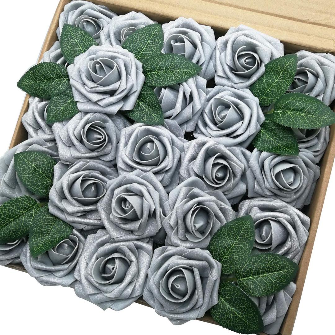 Jing-Rise Artificial Flowers 50PCS Real Looking Fake Roses with Stem for DIY Wedding Bouquets Centerpieces Party Baby Shower Home Decorations (Silver Grey)