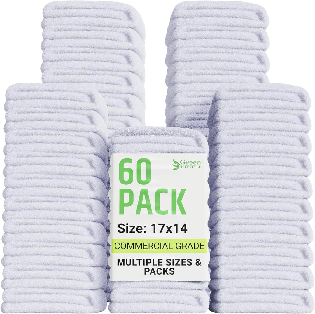 GREEN LIFESTYLE 60-Pack Cotton Wash Cloths 14"x17" Absorbent Cleaning Rags for Housekeeping, Kitchen Towels, Bar Mop Towels, Durable Terry Cloth Rags, Premium Quality Multipurpose Washcloths
