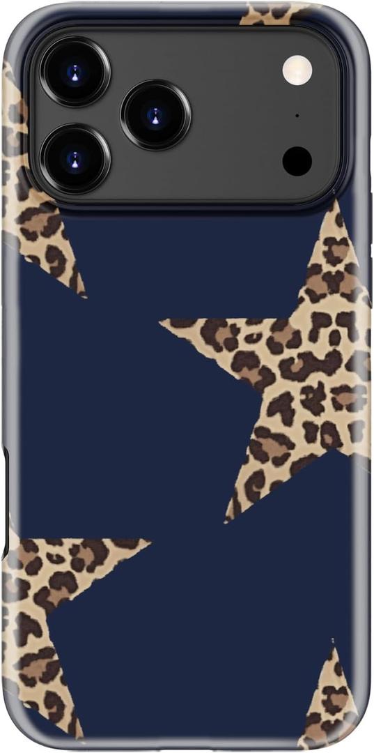 for iPhone 17 Pro Case, Wireless Charging Compatible, Dual-Layer Soft Silicone + Hard Shell with Cute Aesthetic Wildflower Design,Protective Phone Cover for Women - Leopard Print Star