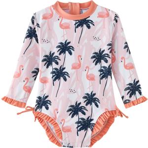 UMELOK Baby Girl Swimsuit Infant Rashguard Swimwear One Piece UPF 50+ Sun Protection Rash Guard Bathing Suit (6 Years, Ruffle Orange, Coconut Trees)