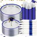 BESTSTAR 350PCS Clear and Blue Disposable Plates Set for 50 Guests, 100 Plastic Plates, 50 Cups, 50 Pre-Rolled Napkins with Plastic Cutlery for Graduation Party, Birthday, Thanksgiving, Christmas
