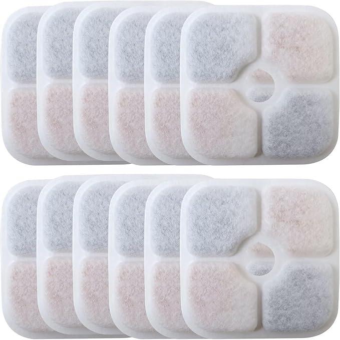 Cat Water Fountain Replacement Filters Fit for 2.5L Fountain with Whiskers Pattern Triple Action Water Pet Cat Drinking Fountain Filter Pack of 12