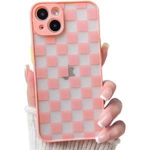 NITITOP Compatible with iPhone 14 Case Matte Aesthetic Checkerboard Checkered Pattern for Women Girls Men Full Camera Lens Clear Slim Hard Back Shockproof Protective Phone Cover - Pink