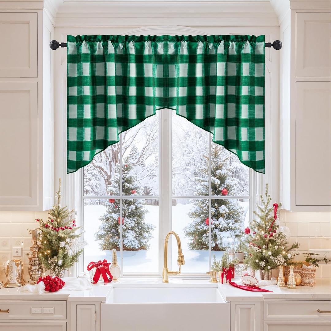 NICETOWN Swag Curtains for Living Room, Christmas Decor Rod Pocket Short Window Covering for Kitchen, Room Darkening Small Curtains for Bedroom (Green & White, 1 Pair, 36" x 36")