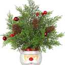 Hollyone Small Christmas Tree Cedar 10" Tabletop Snowman Potted Plants with Vase Artificial Mini Xmas Tree Decorations Plant with Christmas Ball Ornaments Berries Pine Cones Slim Tree Party Home Decor