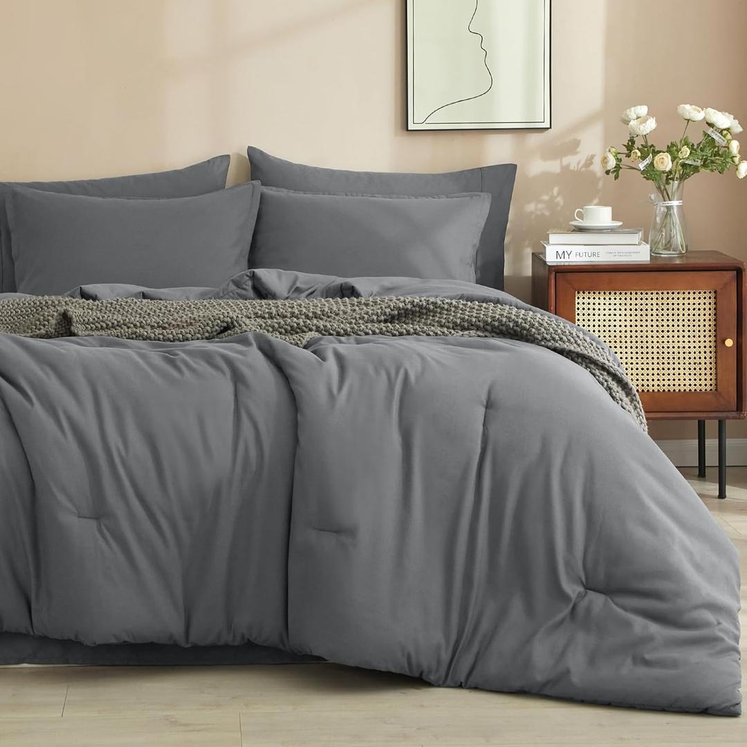 PHF 7 Pieces California King Comforter Set, Lightweight Bed in A Bag & 18" Sheet Set for All Season, Ultra Soft Cozy Bedding with Comforter, Sheets, Pillowcases & Shams, Dark Grey