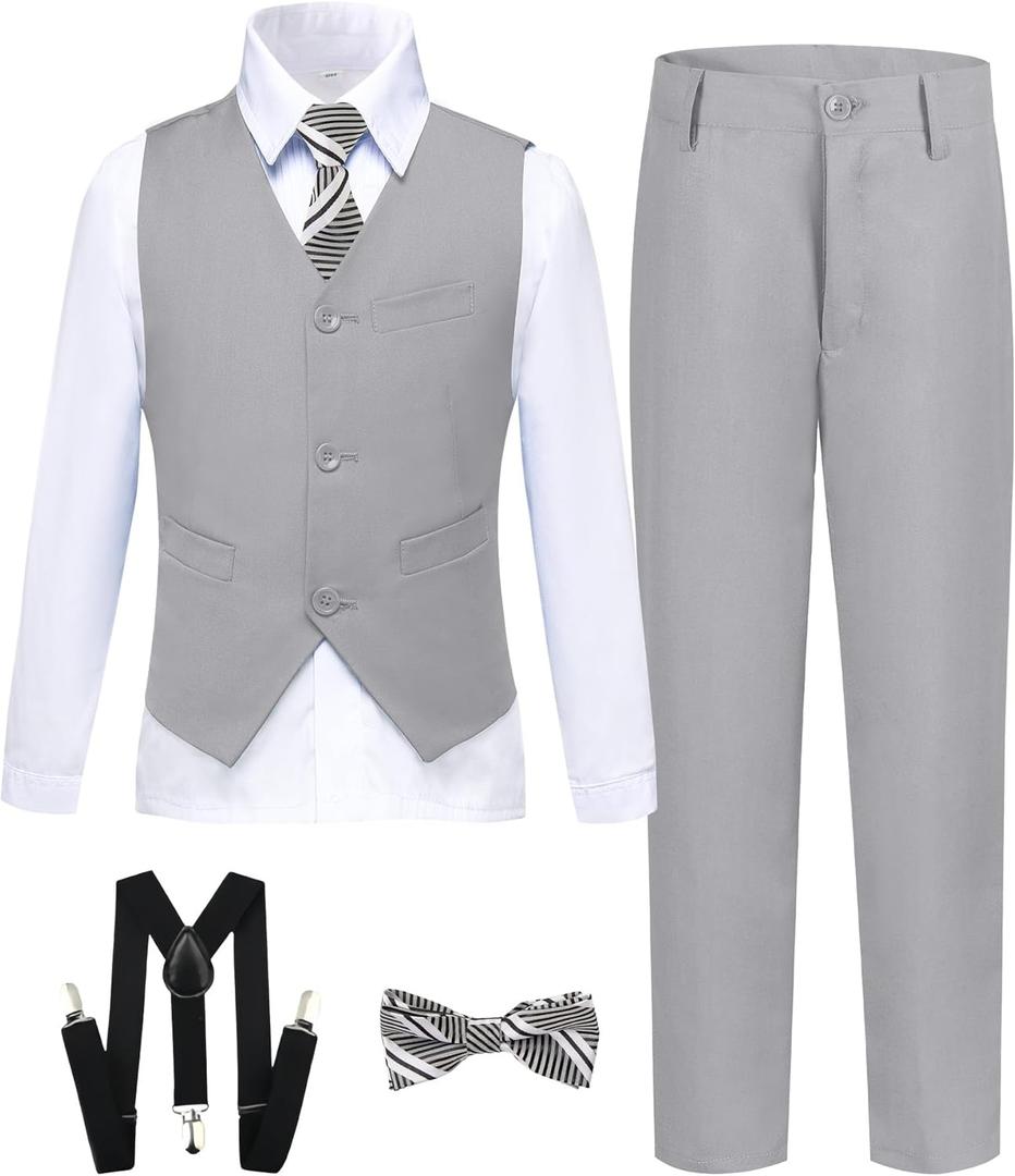 Boy's Formal Suit 7 Piece Slim Fit Tuxedo for Kids Teen Boys Jacket Vest and Pants Set for Wedding with Bow Tie Suspenders (8)