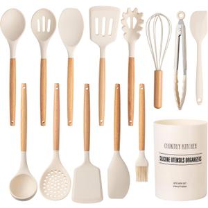 Country Kitchen Non Stick Silicone Utensil Set with Rounded Wood Handles for Cooking and Baking, 14 Piece Set, Khaki Country Kitchen Non Stick Silicone Utensil Set with Rounded Wood Handles for Cooking and Baking, 14 Piece Set, Khaki