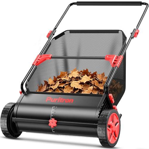 Puritron Push Lawn Sweeper, 26 Inch Leaf & Grass Collector with 4 Spinning Brushes, Strong Rubber Wheels & Heavy Duty Thickened Steel Durable Construction, Large Capacity 7 ft³ Mesh Collection Bag
