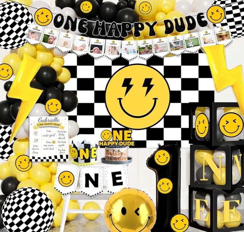 VivaVibe One Happy Dude 1st Birthday Party Decorations, First Birthday Decorations for Boy, Black Yellow Backdrop Balloons Boxes Banners Crown Poster for Lightning Baby Boy Birthday Party Supplies