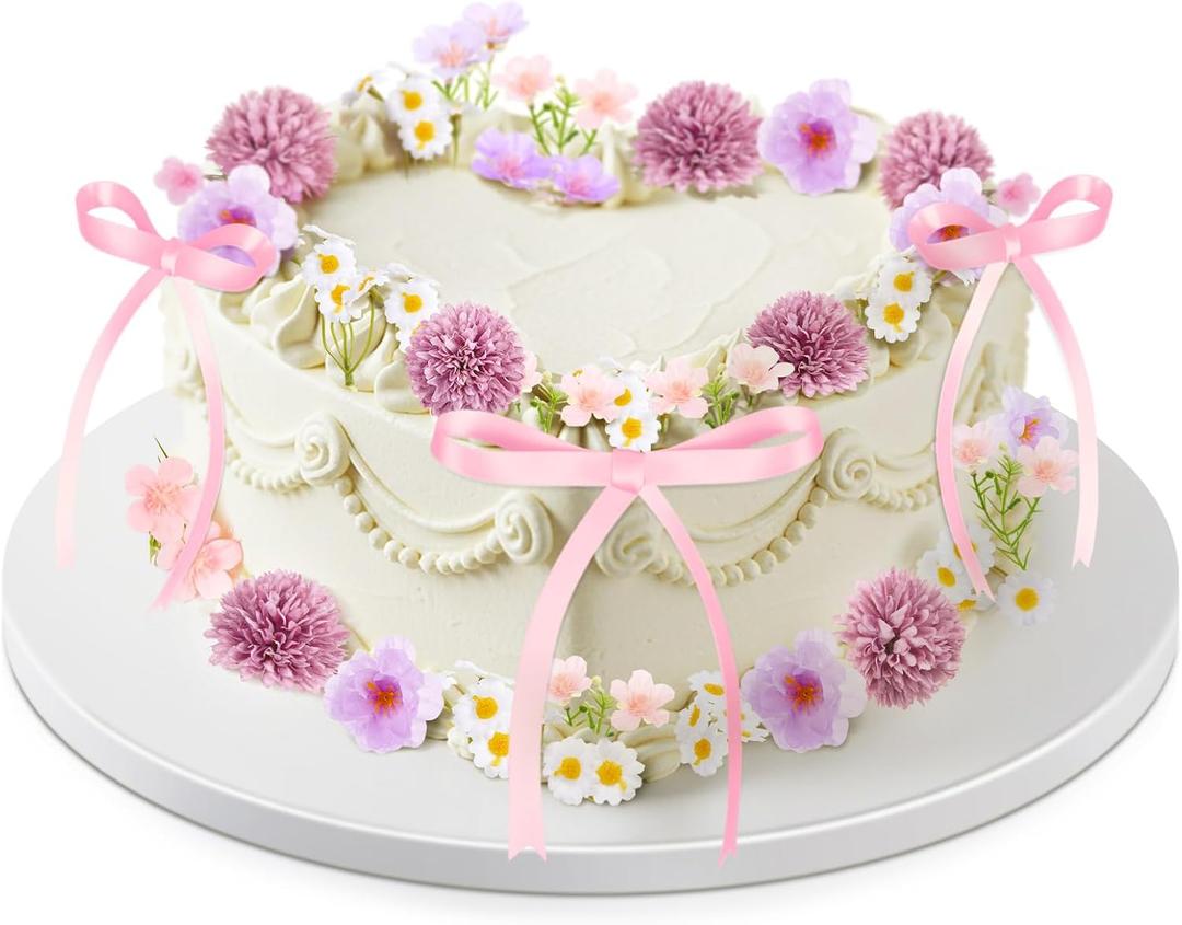 30 Pcs Wildflower Cake Decorations Baby in Bloom Cake Decorations Fake Wildflower Heads Pink Bow Topper for Women Birthday Wedding Bridal Baby Shower Party Picnic