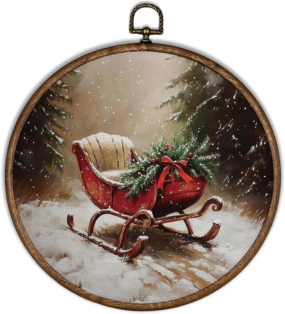 XBBMGG Winter Christmas Red Sleigh Wall Art Decor, Farmhouse Christmas Round Wall Hanging Decor, Rustic Holiday Winter Xmas Framed Canvas Prints for Home Bedroom Living Room Decorations, 10x10inch