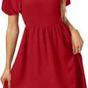 OFEEFAN Women Puff Sleeve Square Neck Tie in Back Dresses with Zipper (Red, XXL)