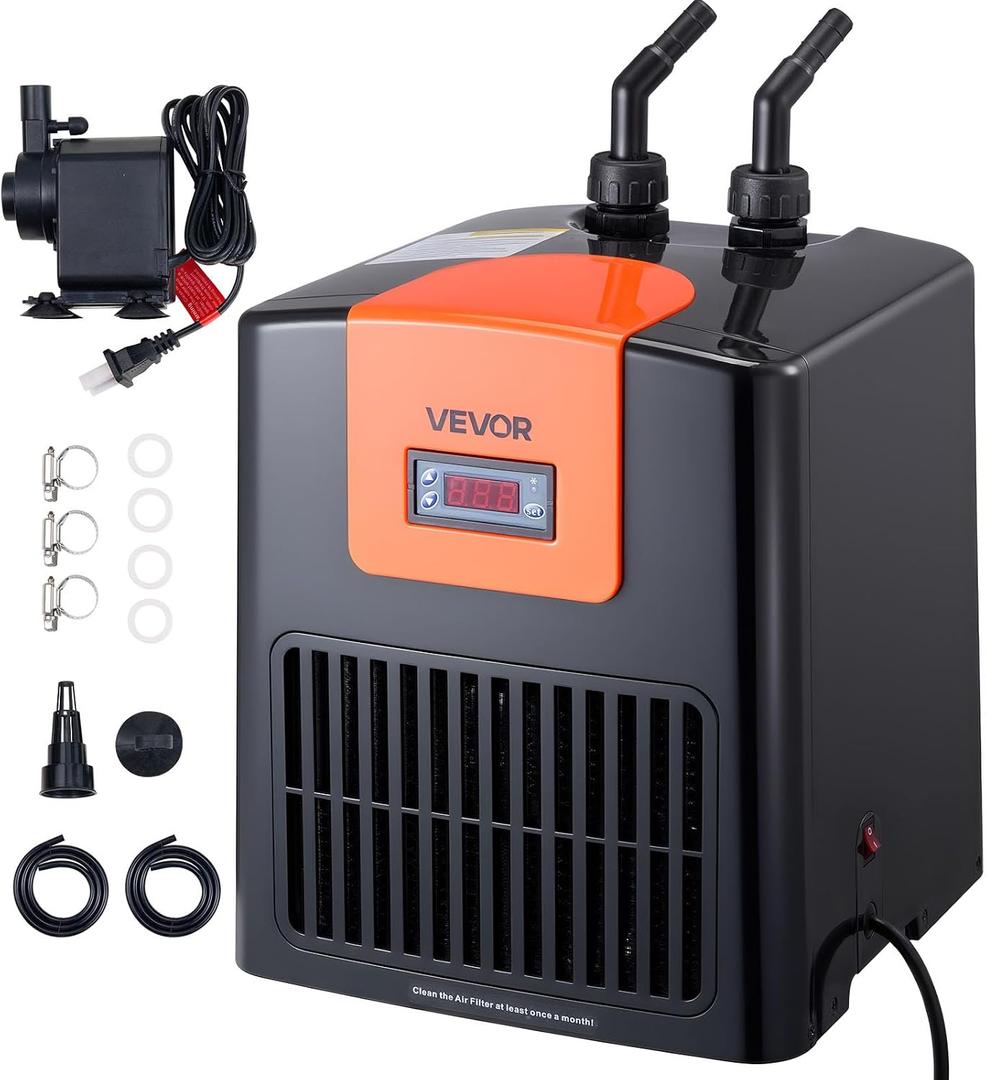 VEVOR Aquarium Chiller 52 Gallon, 1/10 HP Water Chiller for Hydroponics, Fast Cooling for Fish Tank,Axolotl,Coral Reef,Quiet Refrigeration Compressor, Titanium Evaporator,Complete Fittings