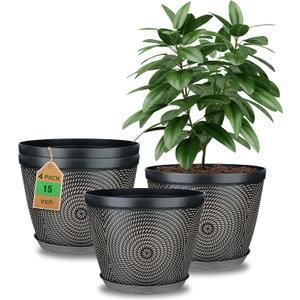 Quarut 15 Inch 4 Pack Large Plant Pots, Plastic Flower Pot for Indoor & Outdoor with Drainage Holes & Saucer, Circle Pattern Planters Garden Pots for Herbs