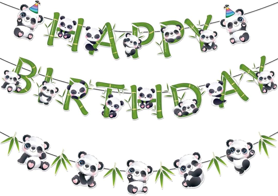 Zwiebeco Pandas Happy Birthday Party Decoration Green Black White Bamboo Leaves Sign Banner Hanging Paper Garland Bunting for Babys Kids Themed Accessories Supplies