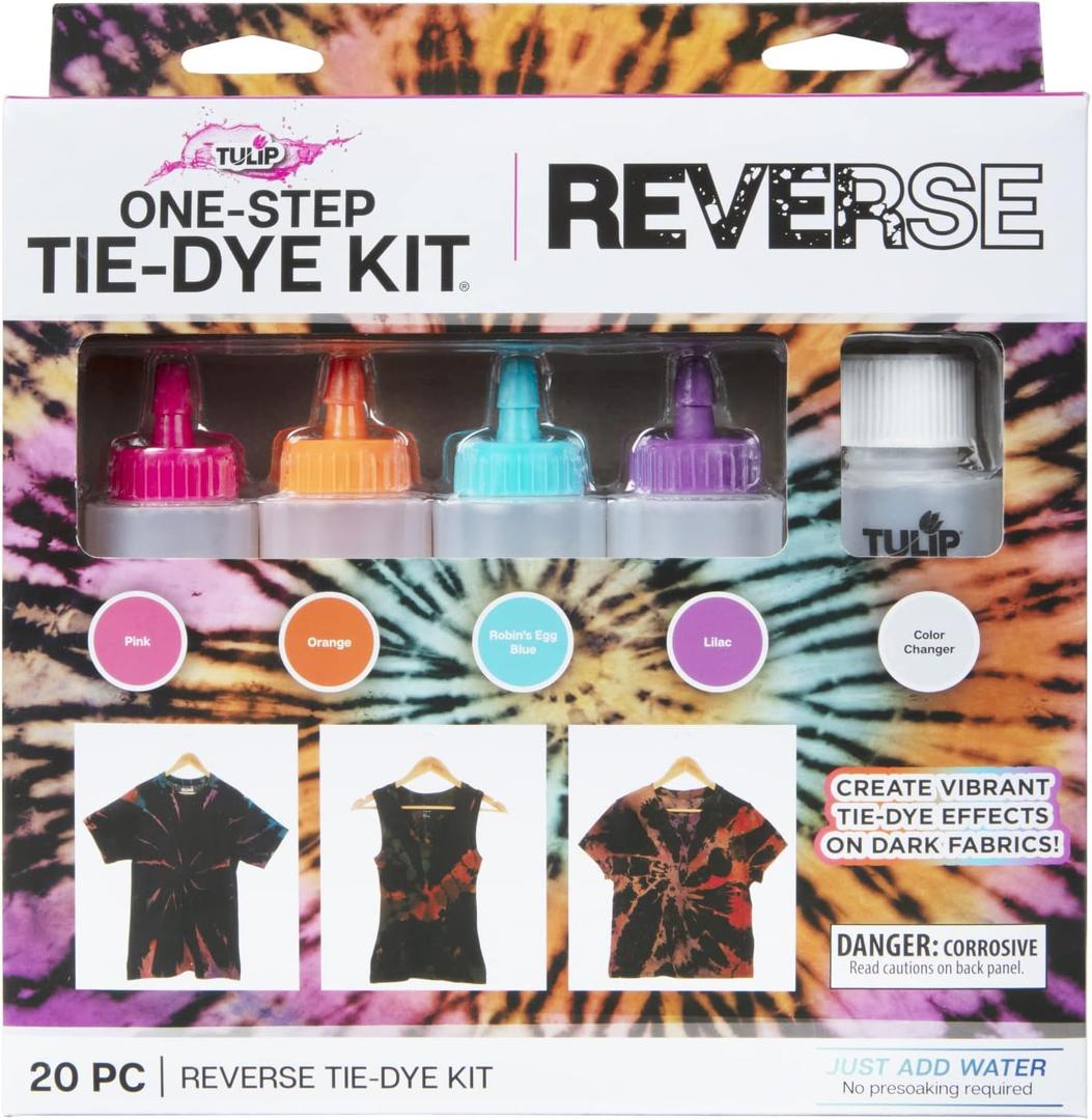 Tulip One-Step Tie-Dye Kit, Reverse Tie Dye Technique for Designs on Dark or Black Fabrics Plus 4 Vibrant Colors, 20 Piece Kit
